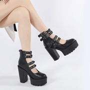 Gdgydh Goth Style Women Block Heels for Halloween Fashion Buckle Strap Dress Pumps Platform Mary Jane Shoes Stylish Back Zipper