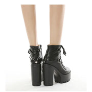 2025 Women's Black Gothic High Heel Ankle Boots Sexy Chain Punk Style Patent Leather Platform Boots Lace Up Motorcycle Boots