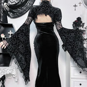 Goth Dark Elegant Evening Velvet Cheongsam Dresses Mall Gothic Lace Flare Sleeve Crop Tops Grunge Split Cut Out Partywear Dress