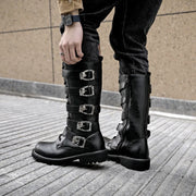 Men's Punk Gothic Biker Boots Tall Harness Buckle Side Zipper Riding Boots for Cosplay Costume Performance Comfortable Black
