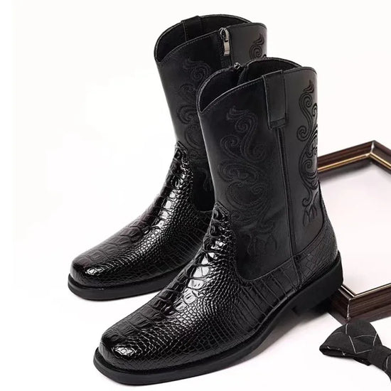 Classic Men's Boots British Retro Riding Boots Man Embossed Leather Embroidery Knight Boots Mid-Calf Style Casual Shoes Man New